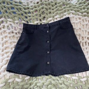 Black denim button front mini skirt
